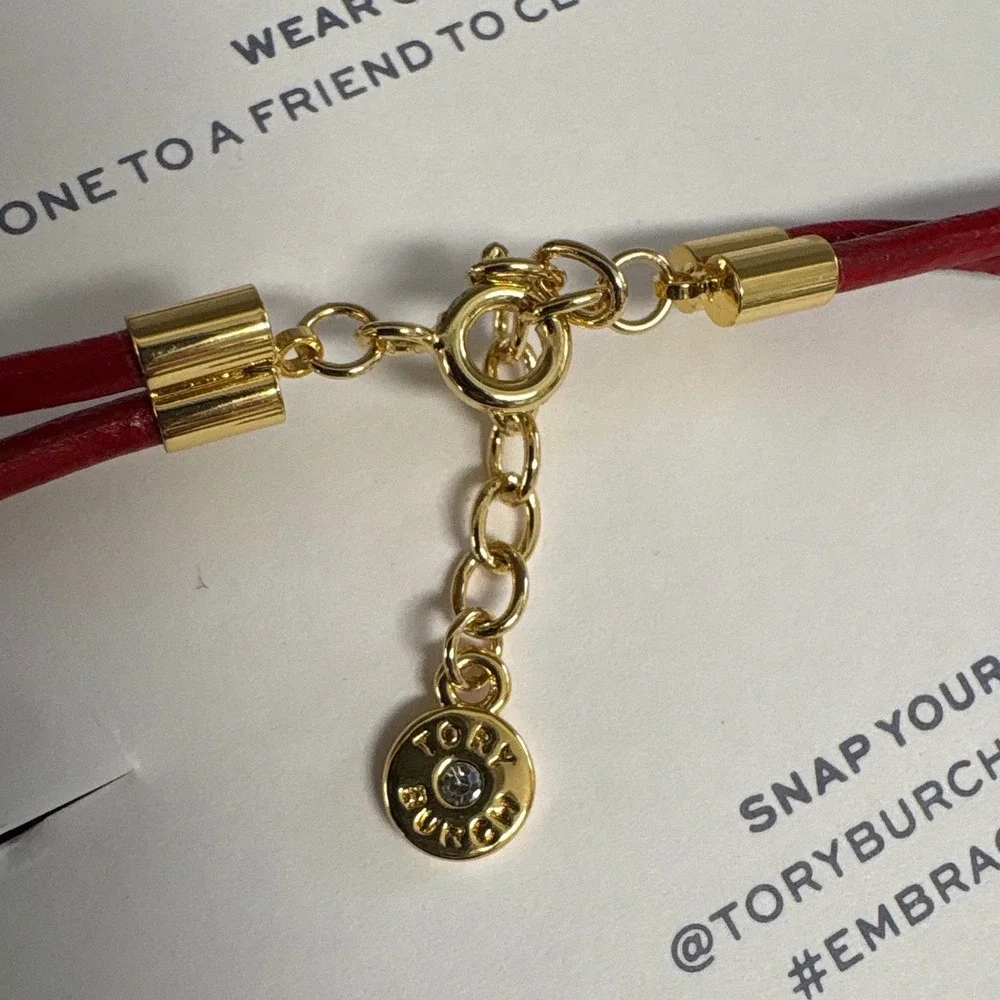 Tory Burch Embrace Ambition Red Silk Cord Pearl Bracelet Gold Logo Medallion